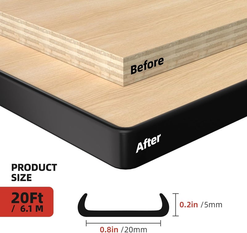 Orgthin U-Shape Edge Banding, 0.8 inch x 20ft Edge TPE Self Adhesive Veneer Edging Trim Flexible Edge Protector, Strip for Countertop Cabinets Table Restoration Shelves, Black - Image 3
